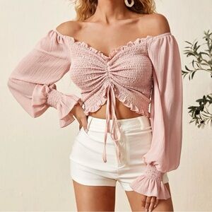 SHEIN Flounce Sleeve Off Shoulder Frill Trim Drawstring Top - Pink, Size L